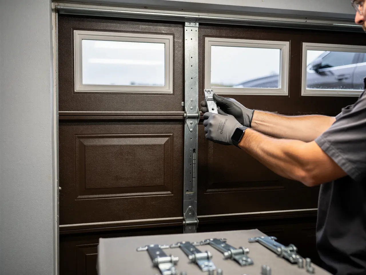 A technician installs a new hinge on a brown garage door with windows.